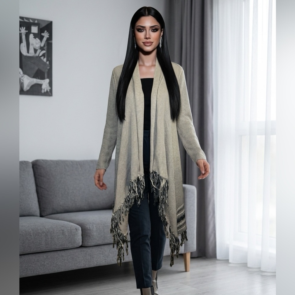 EUC Cabi SZ XS gray/black/white knit open front cardigan w/fringe accent hemline